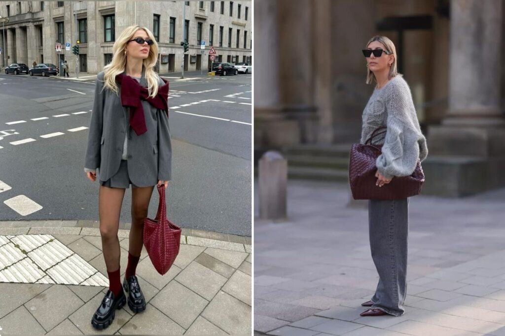 бордова сумка, сірий аутфіт