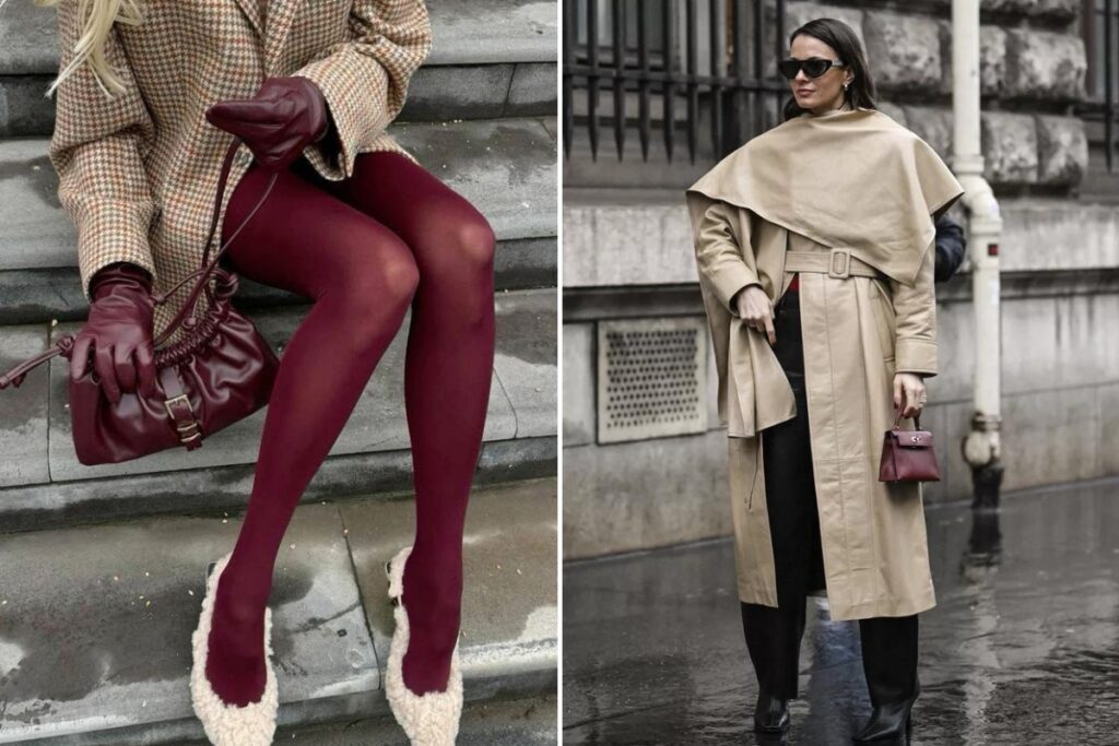 бордова сумка і тренч