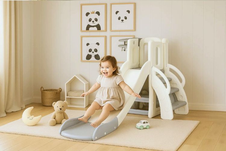 маленька дівчинка з'їжджає з домашньої гірки