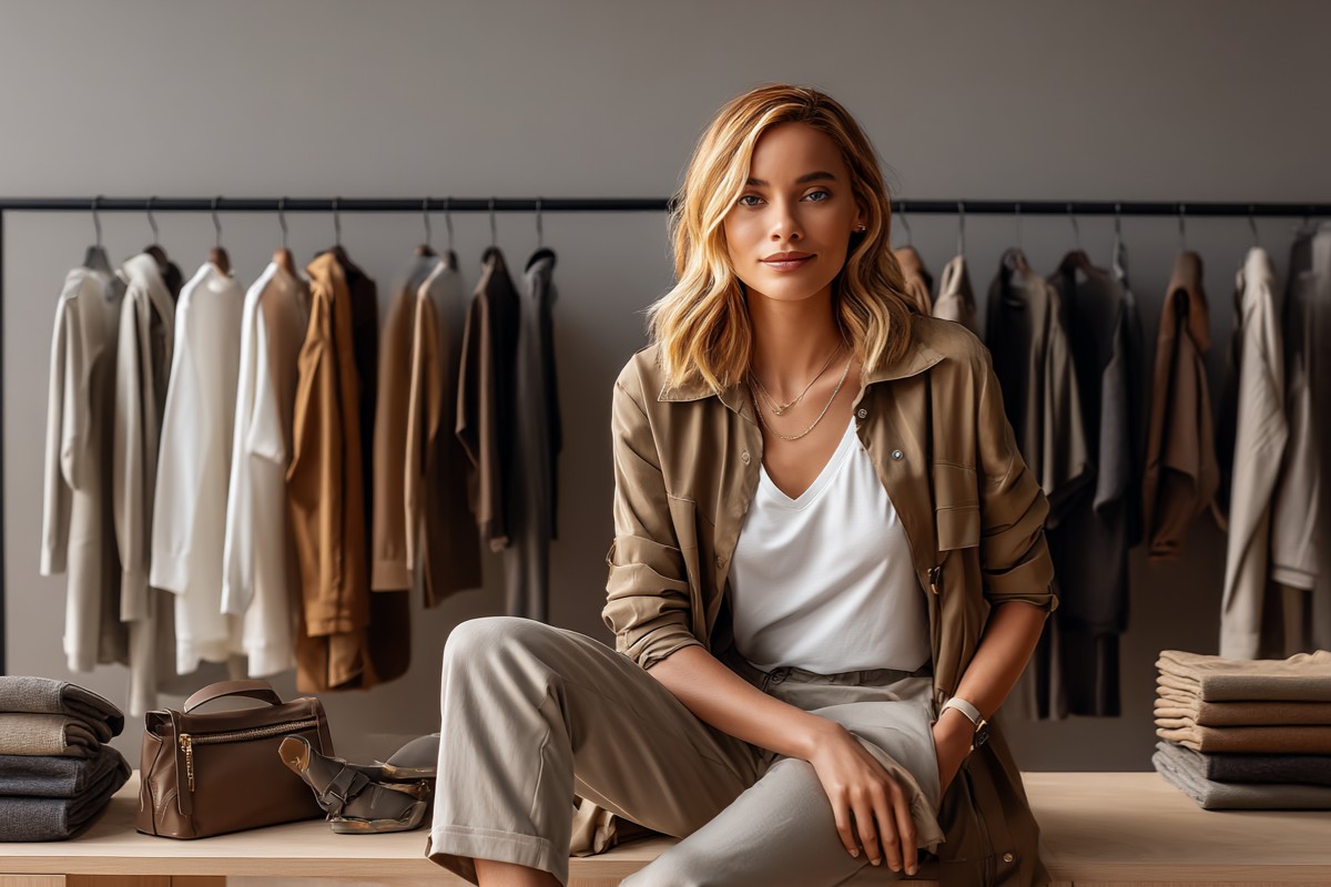стильна жінка на фоні гардеробу