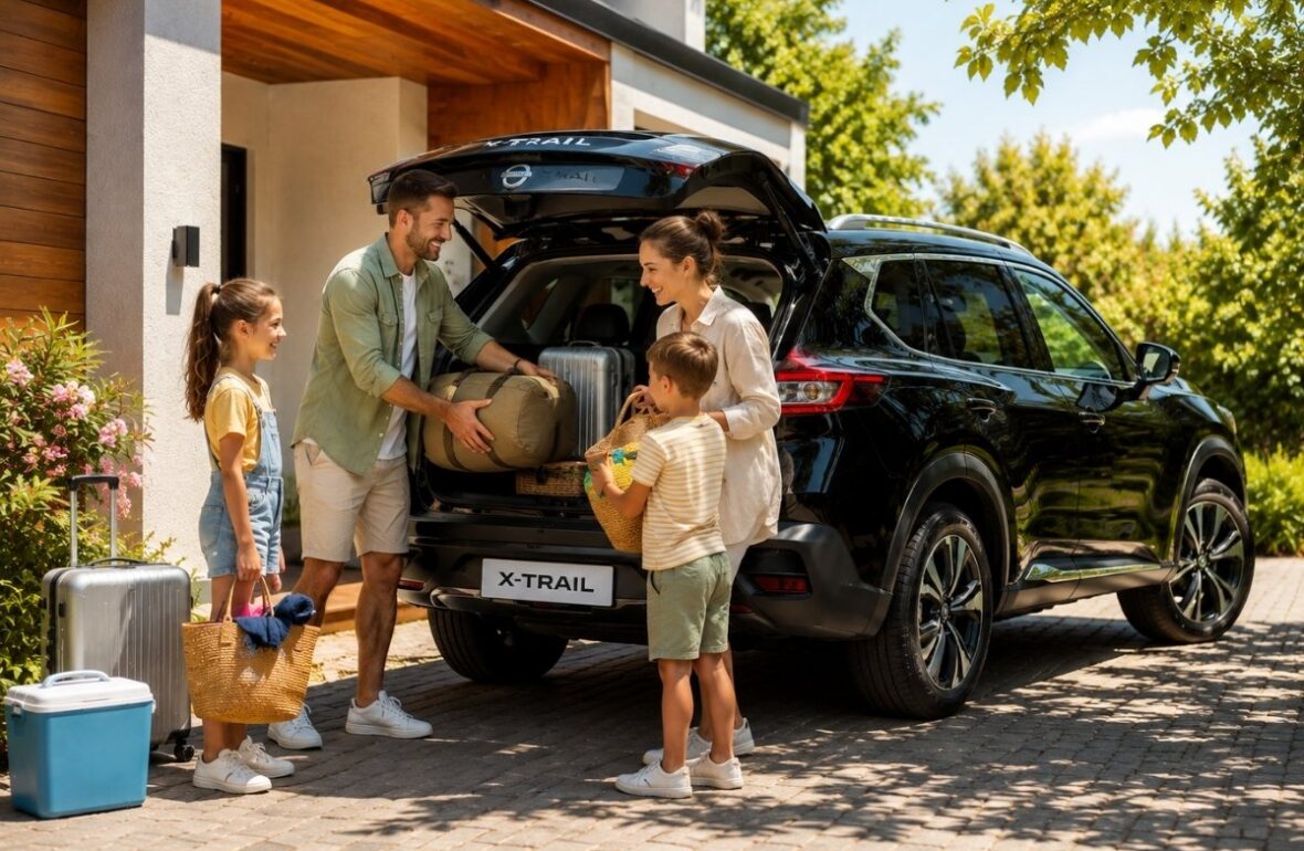 сім'я збирається в подорож на сімейному авто Ніссан